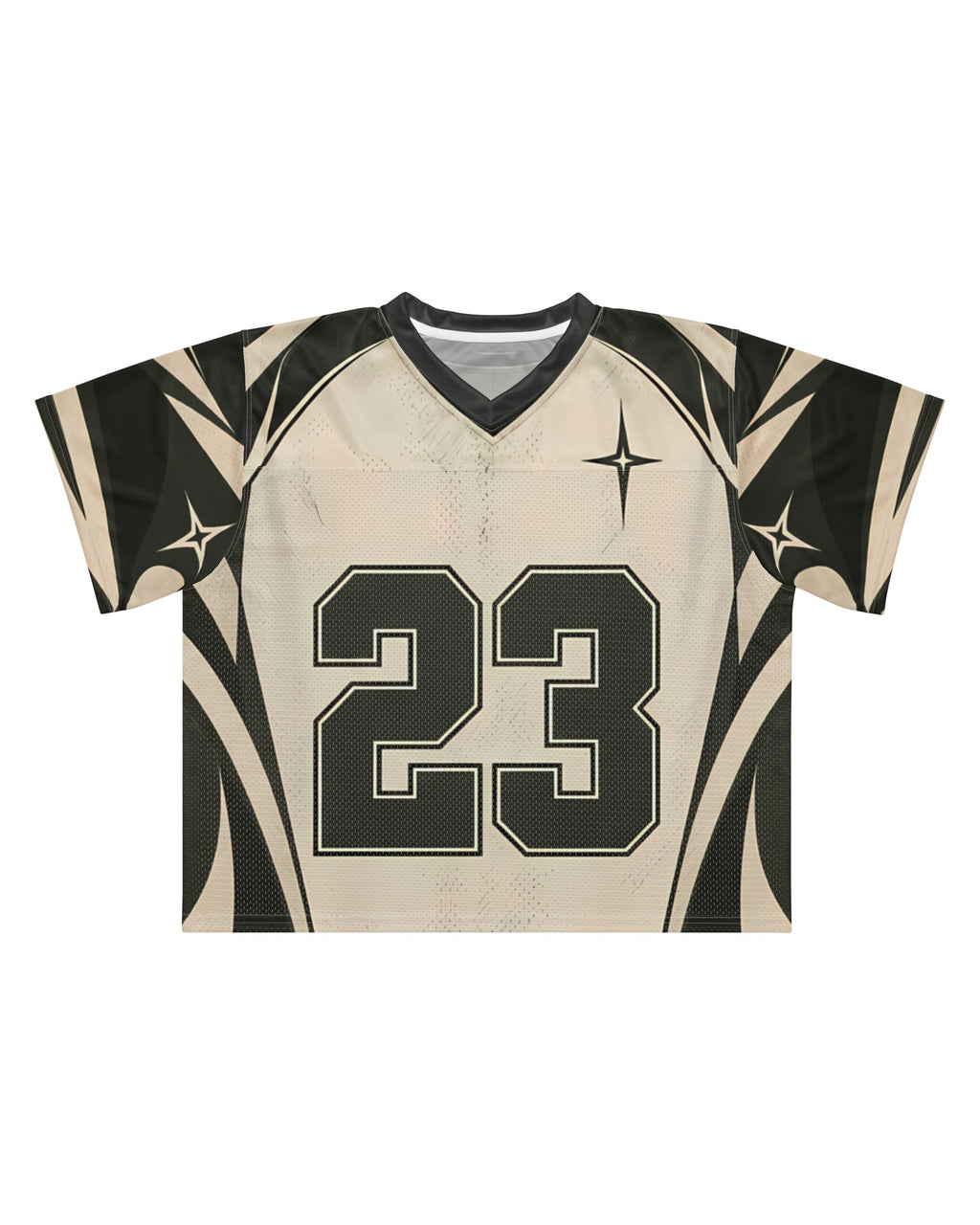 "ST VINCE" cream and black football jersey, flat view on white