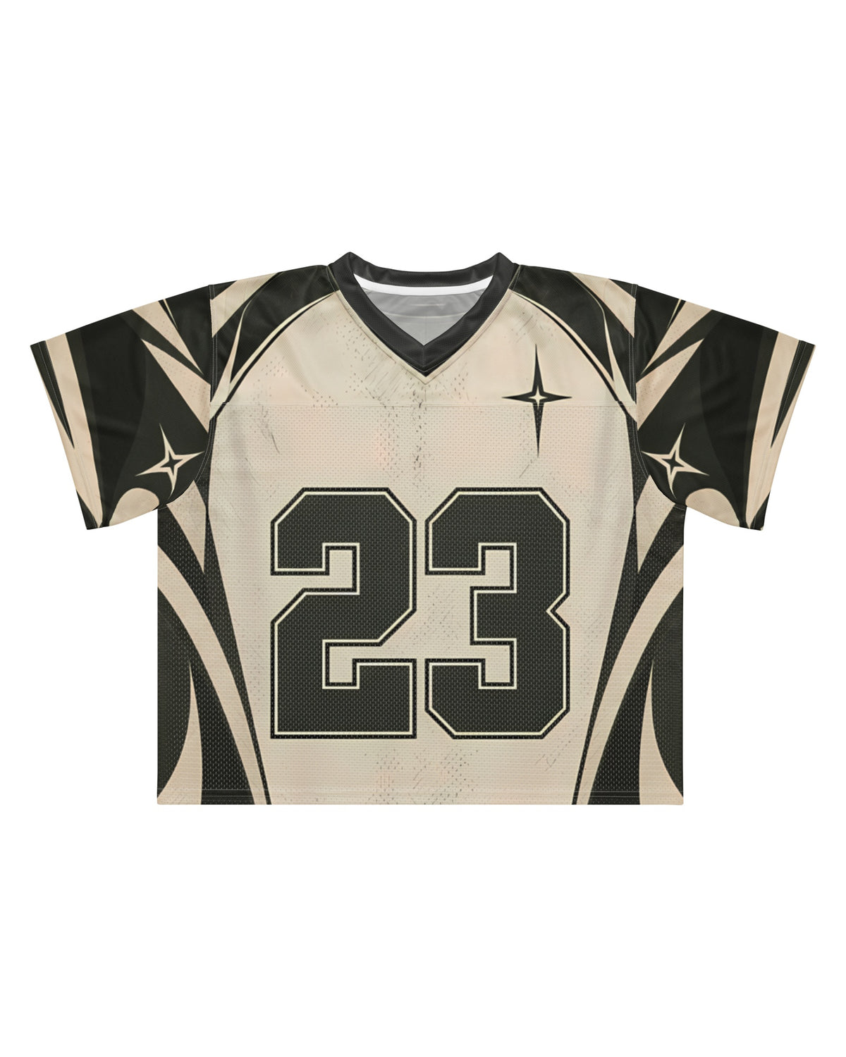 "ST VINCE" cream and black football jersey, flat view on white
