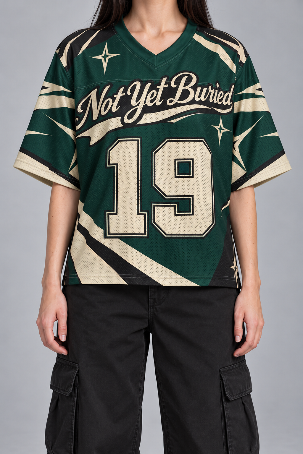 "BLIGHT" forest green and cream football jersey, worn, front view