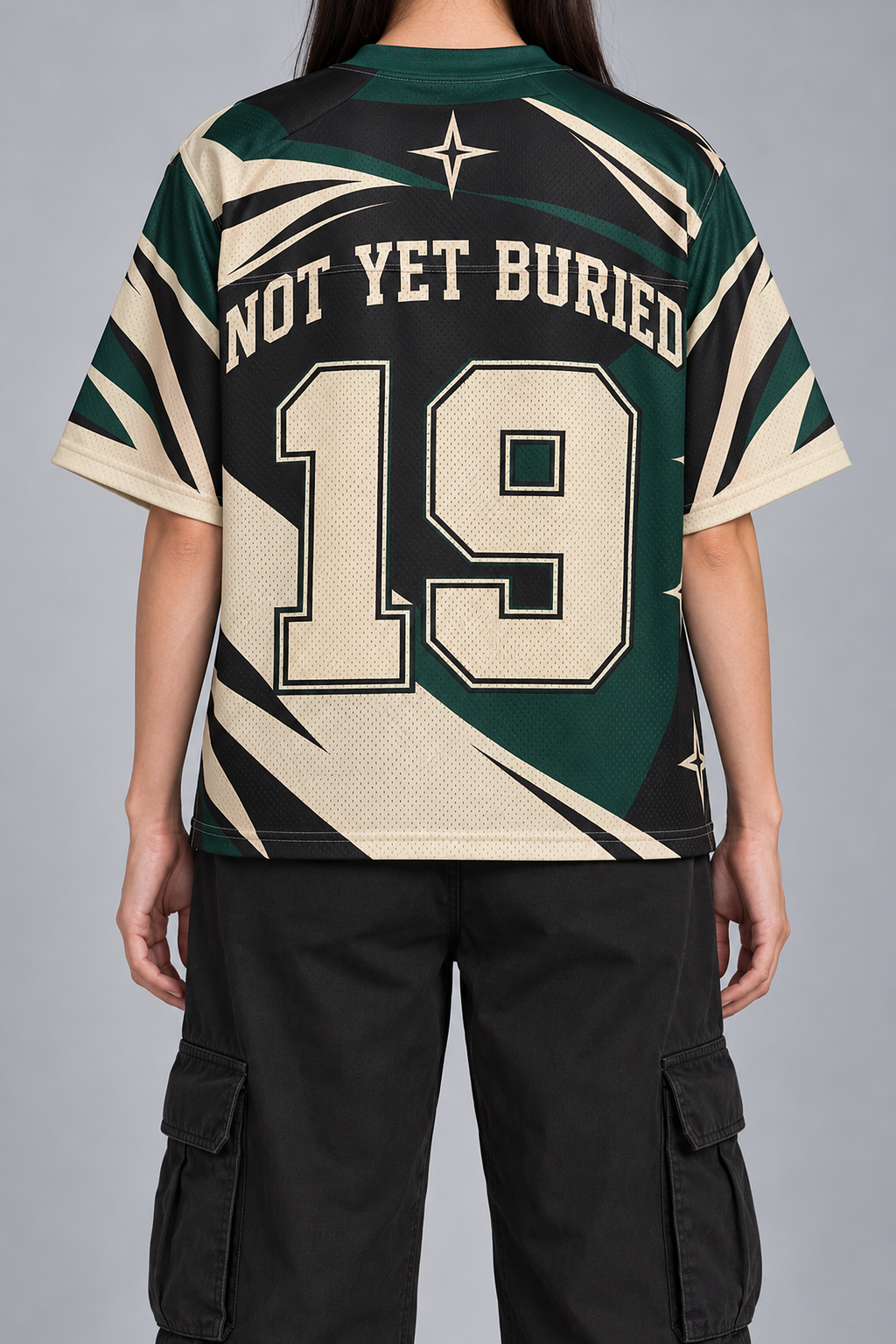 "BLIGHT" forest green and cream football jersey, worn, back view