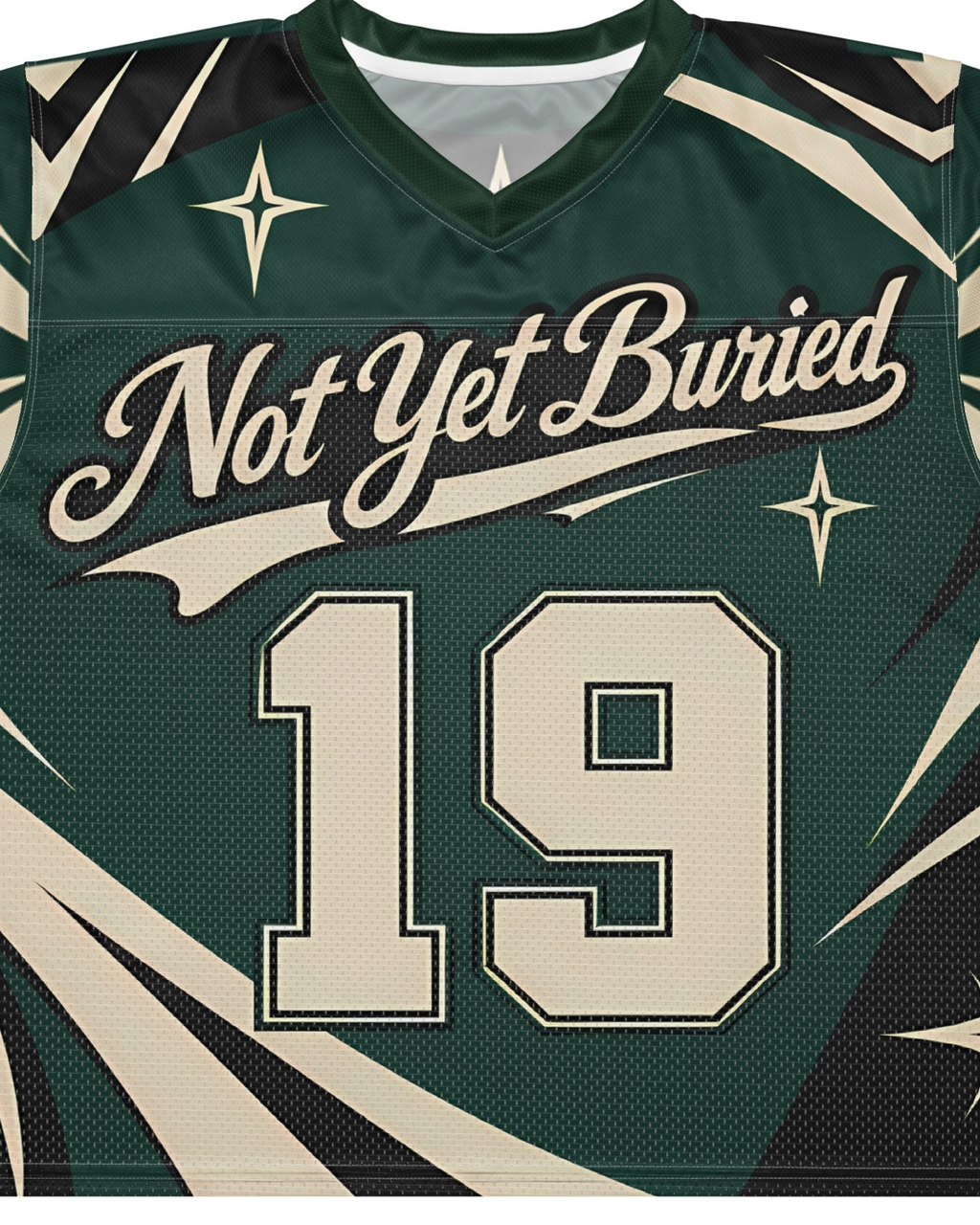 "BLIGHT" forest green and cream football jersey, print detail close-up