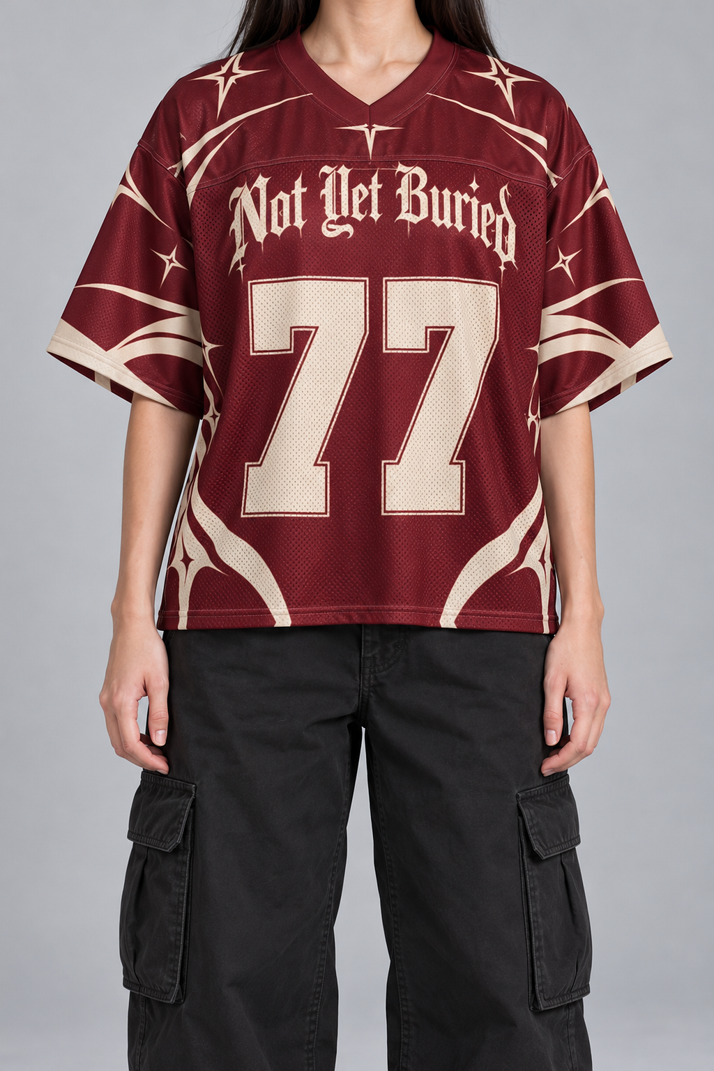 "CRIMSON BONE" burgundy and cream football jersey, worn, front view