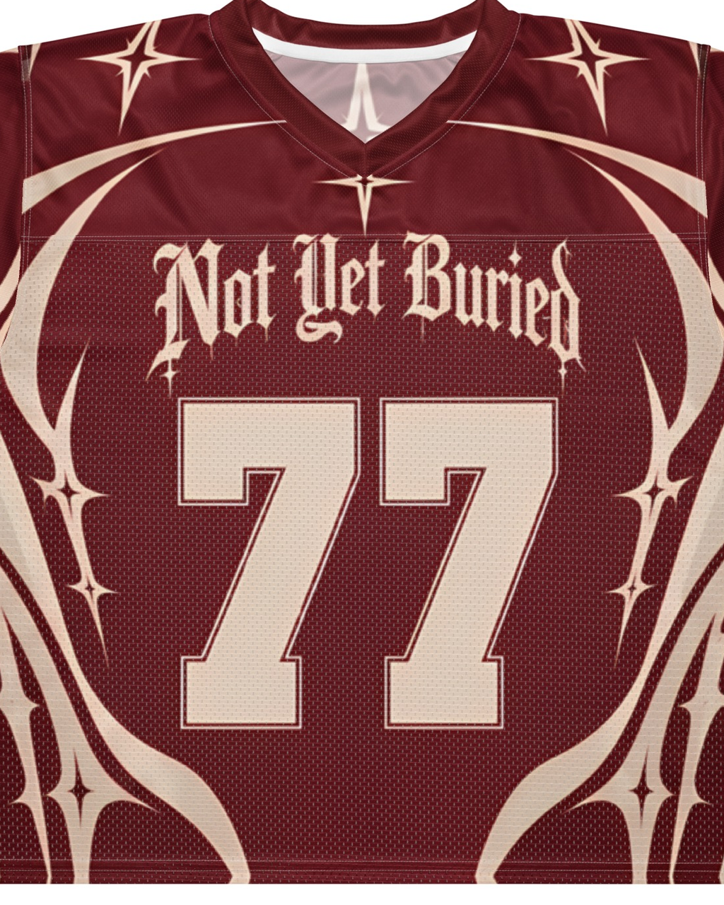 "CRIMSON BONE" burgundy and cream football jersey, print detail close-up