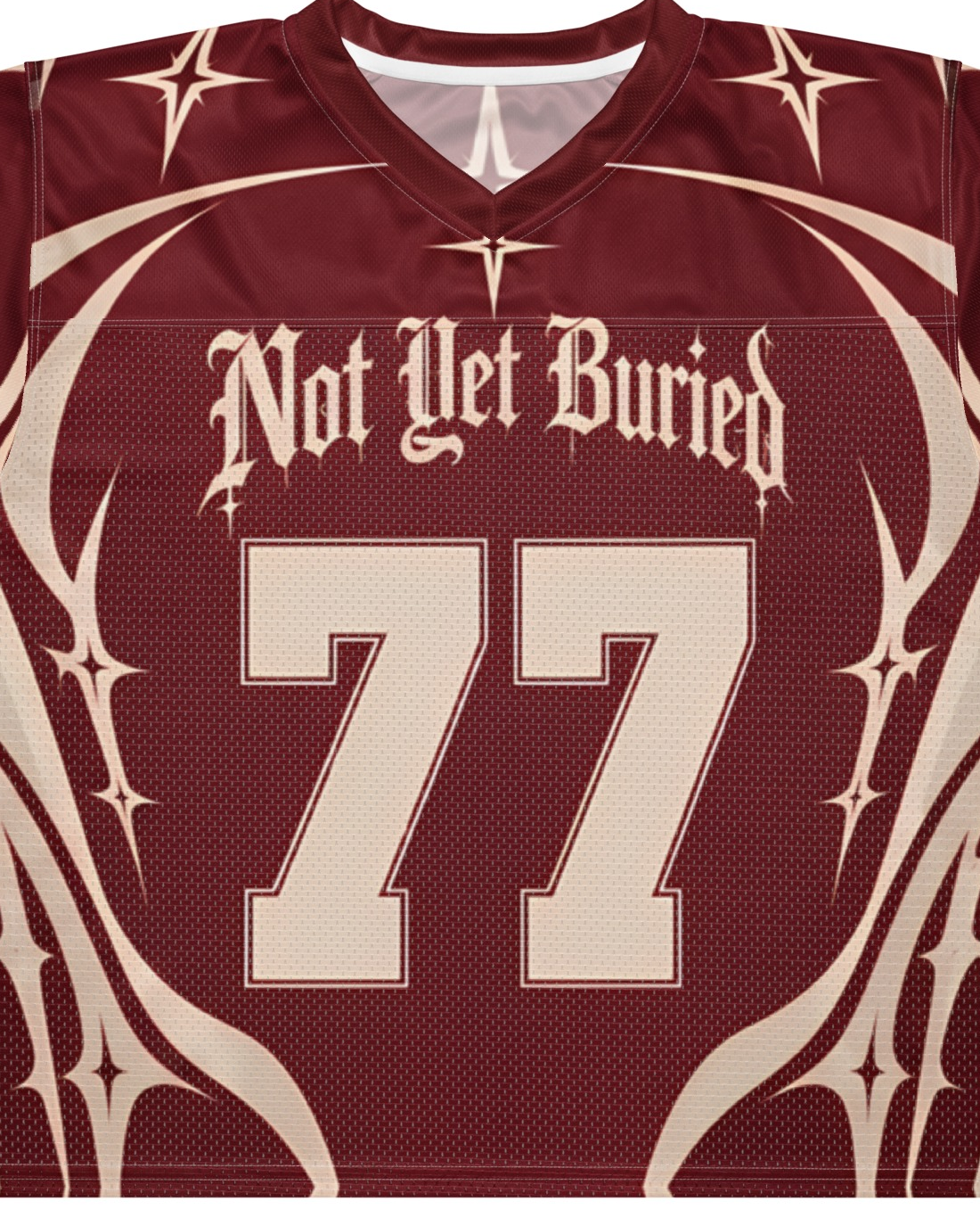 "CRIMSON BONE" burgundy and cream football jersey, print detail close-up