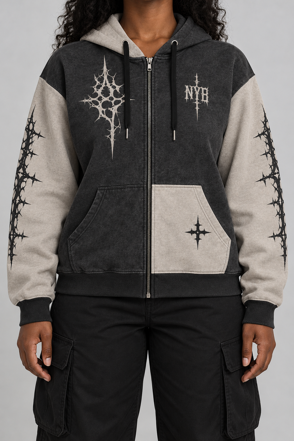 "DVDED" washed charcoal and stone zip hoodie, worn, front view