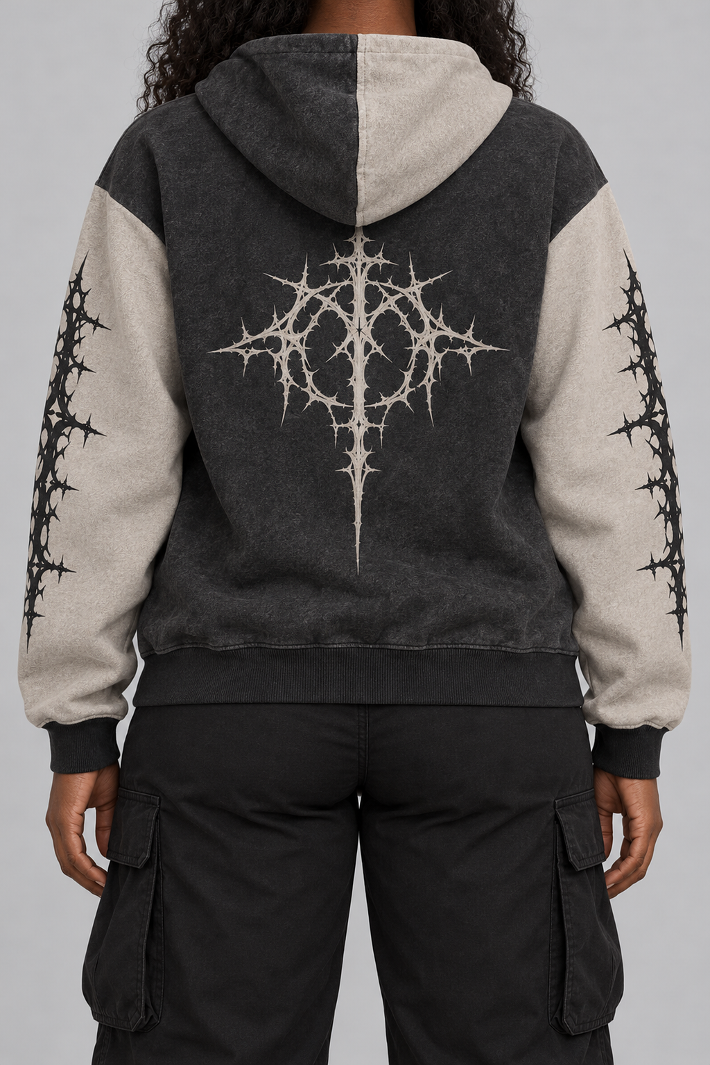 "DVDED" washed charcoal and stone zip hoodie, worn, back view