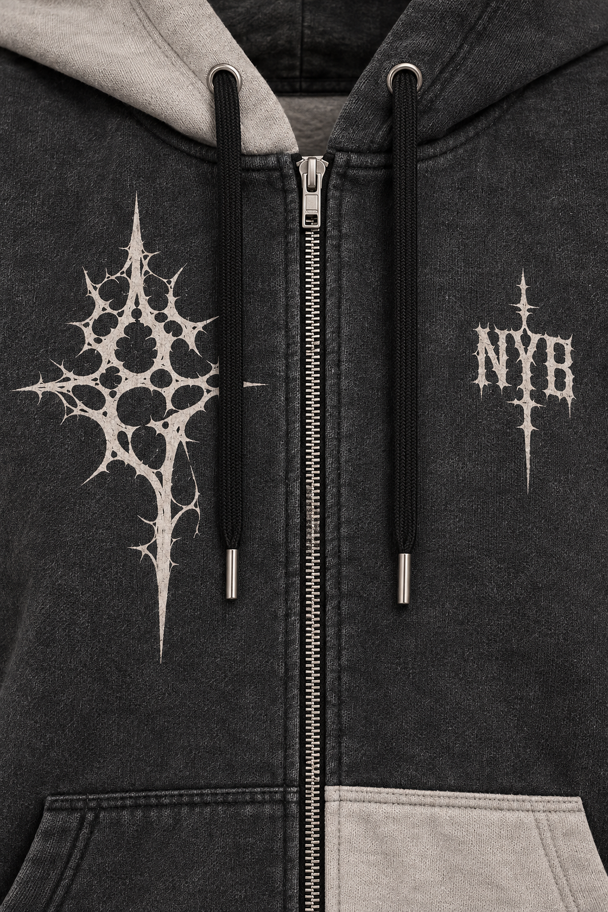 "DVDED" washed charcoal and stone zip hoodie, print detail close-up