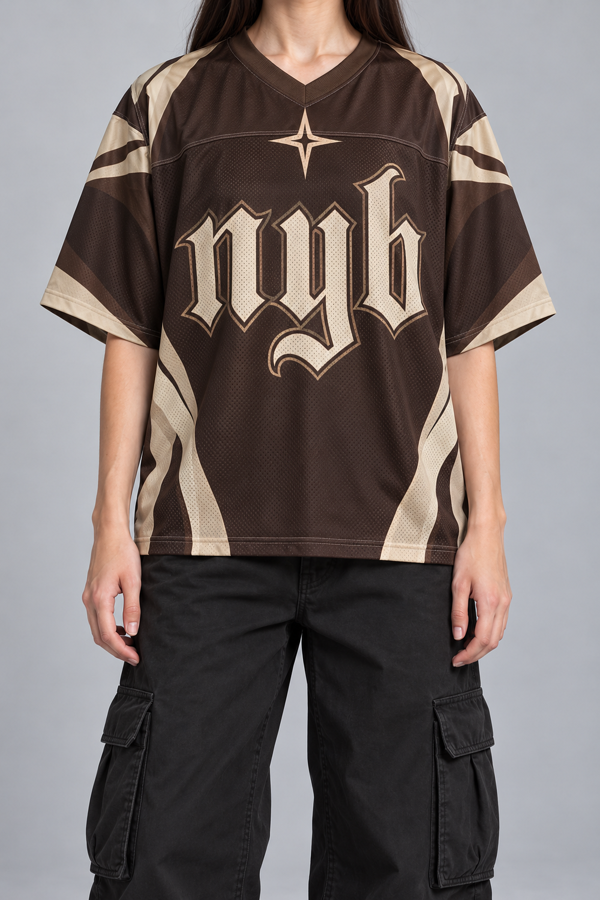 "DIRT NAP" brown and cream football jersey, worn, front view