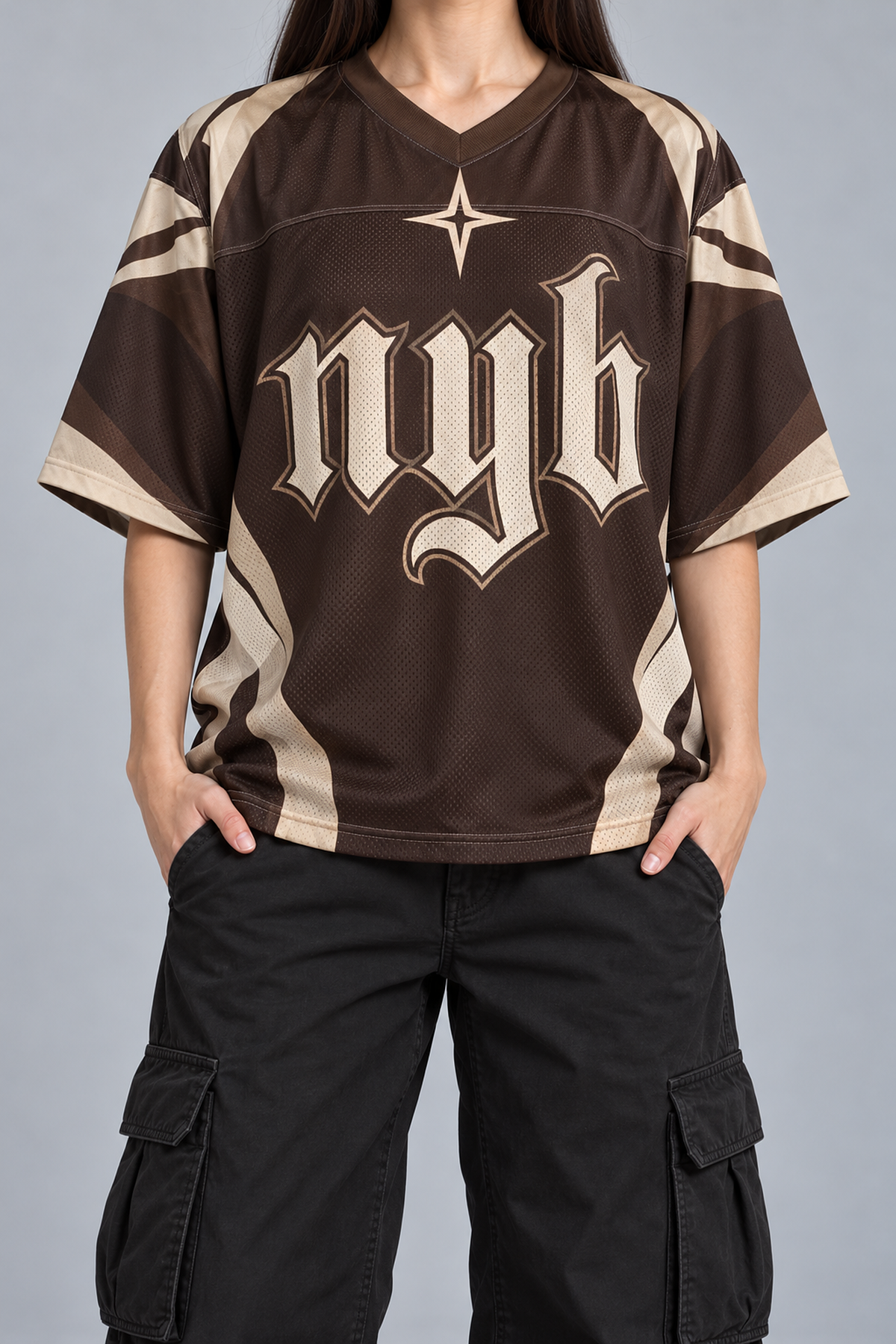 "DIRT NAP" brown and cream football jersey, worn, front view, hands in pockets