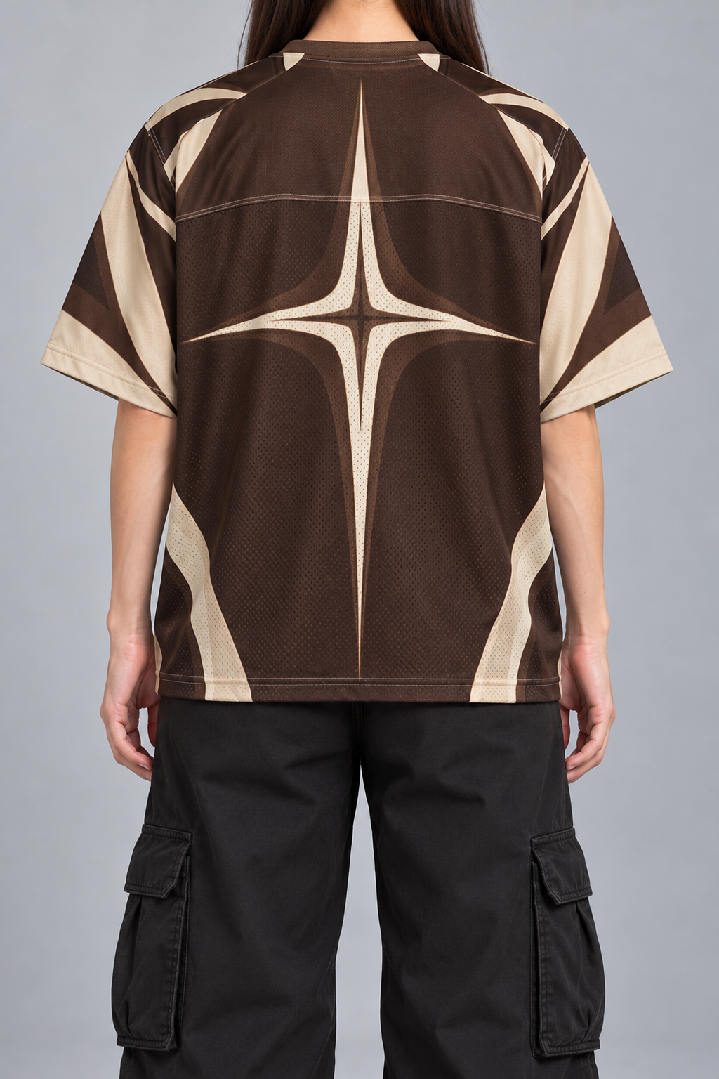 "DIRT NAP" brown and cream football jersey, worn, back view