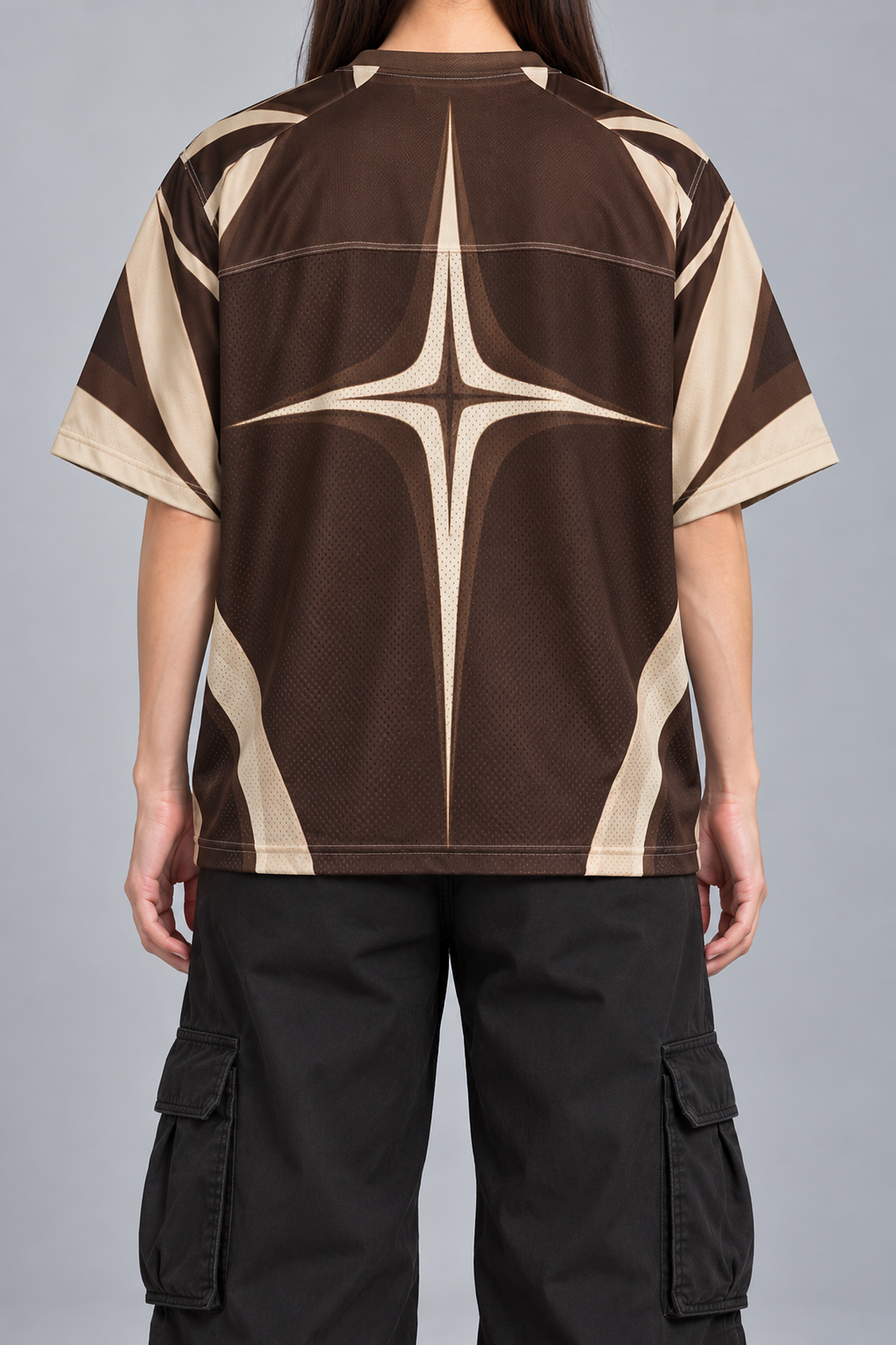 "DIRT NAP" brown and cream football jersey, worn, back view