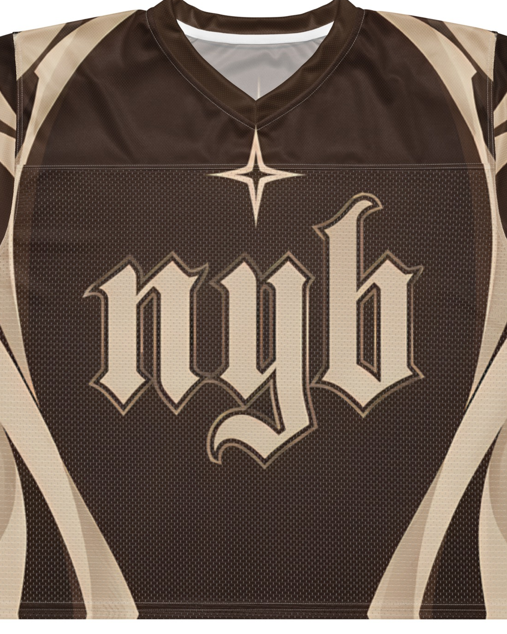 "DIRT NAP" brown and cream football jersey, print detail close-up