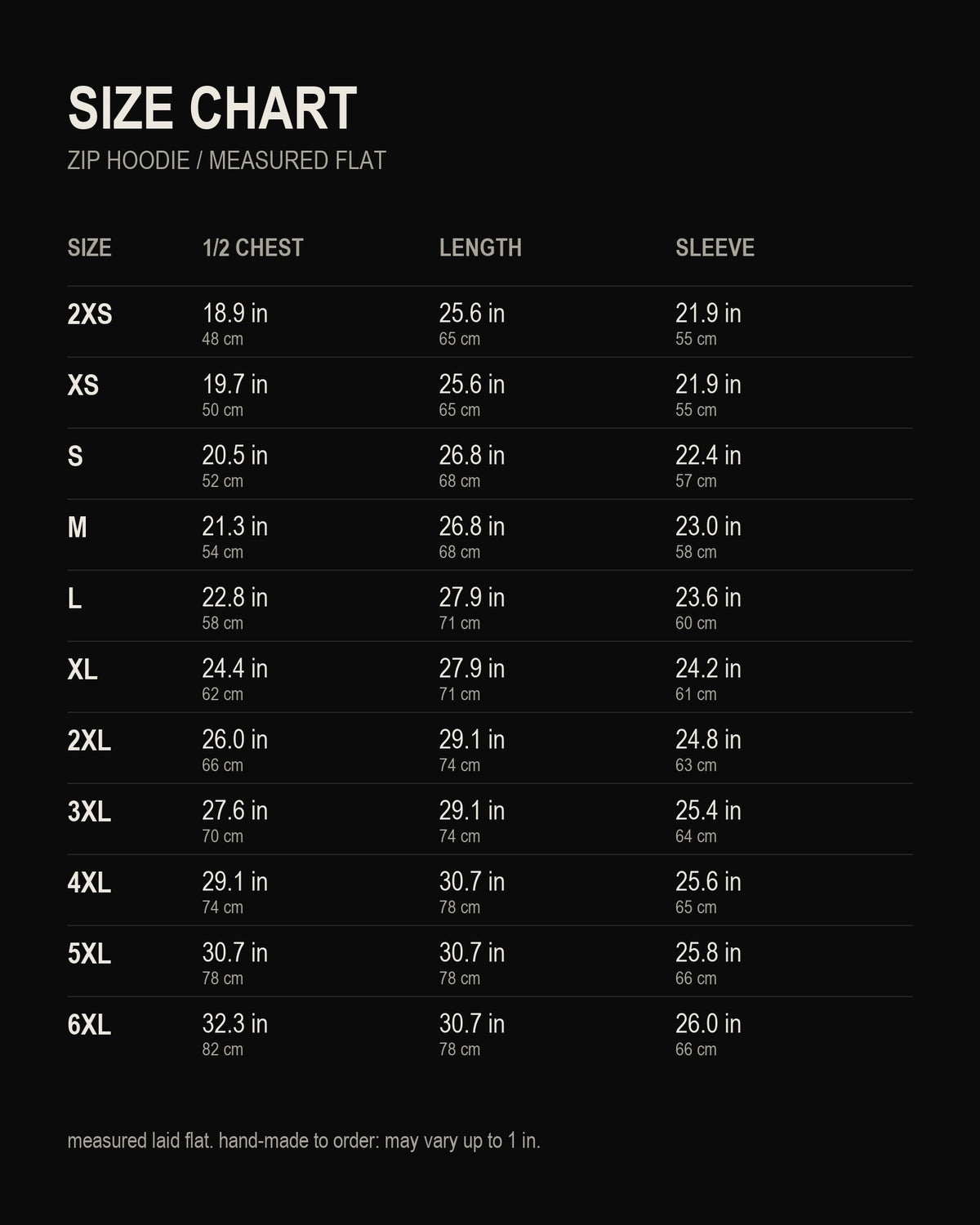 size chart, "Silent Order" Zip Hoodie, inches and centimetres
