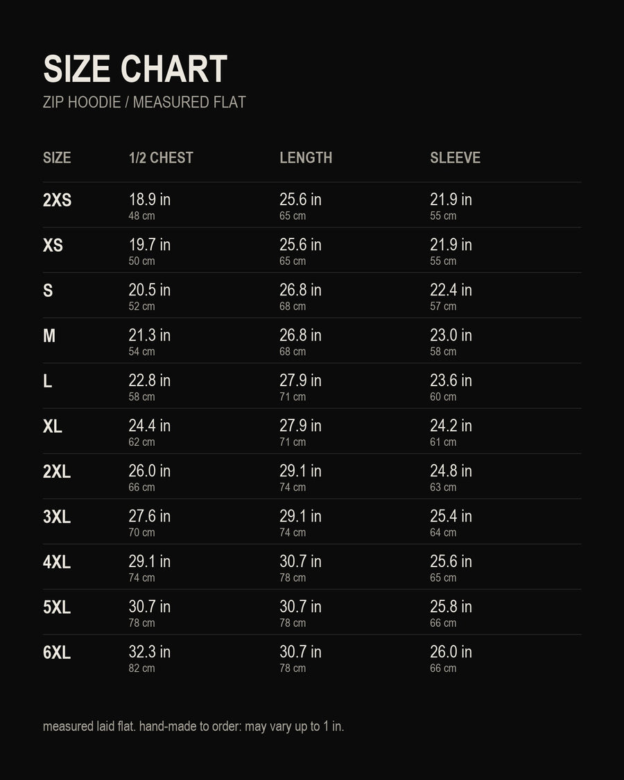 size chart, "Silent Order" Zip Hoodie, inches and centimetres