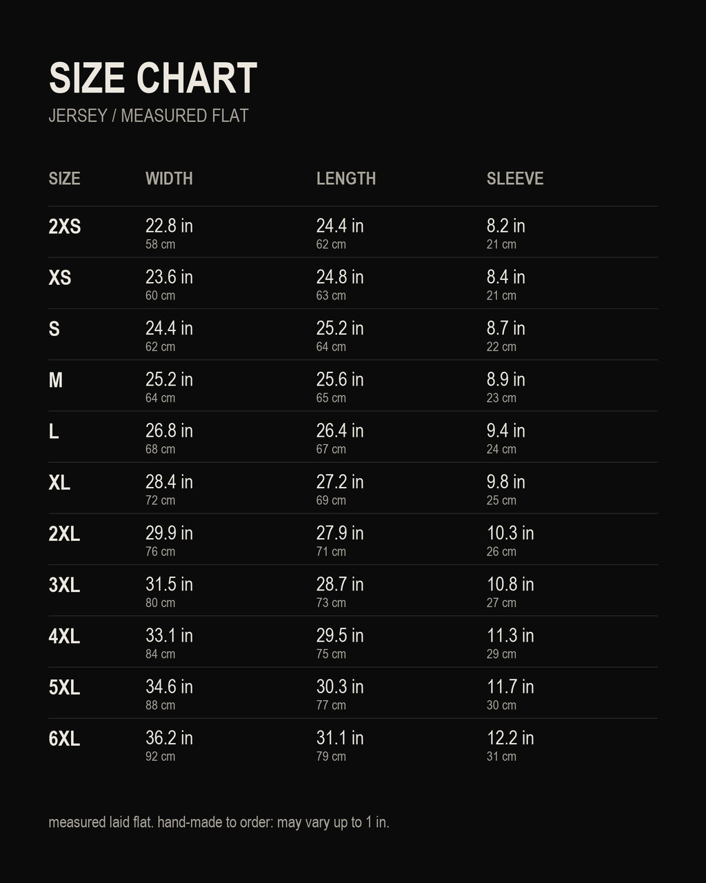 size chart, "ST VINCE" Jersey, inches and centimetres