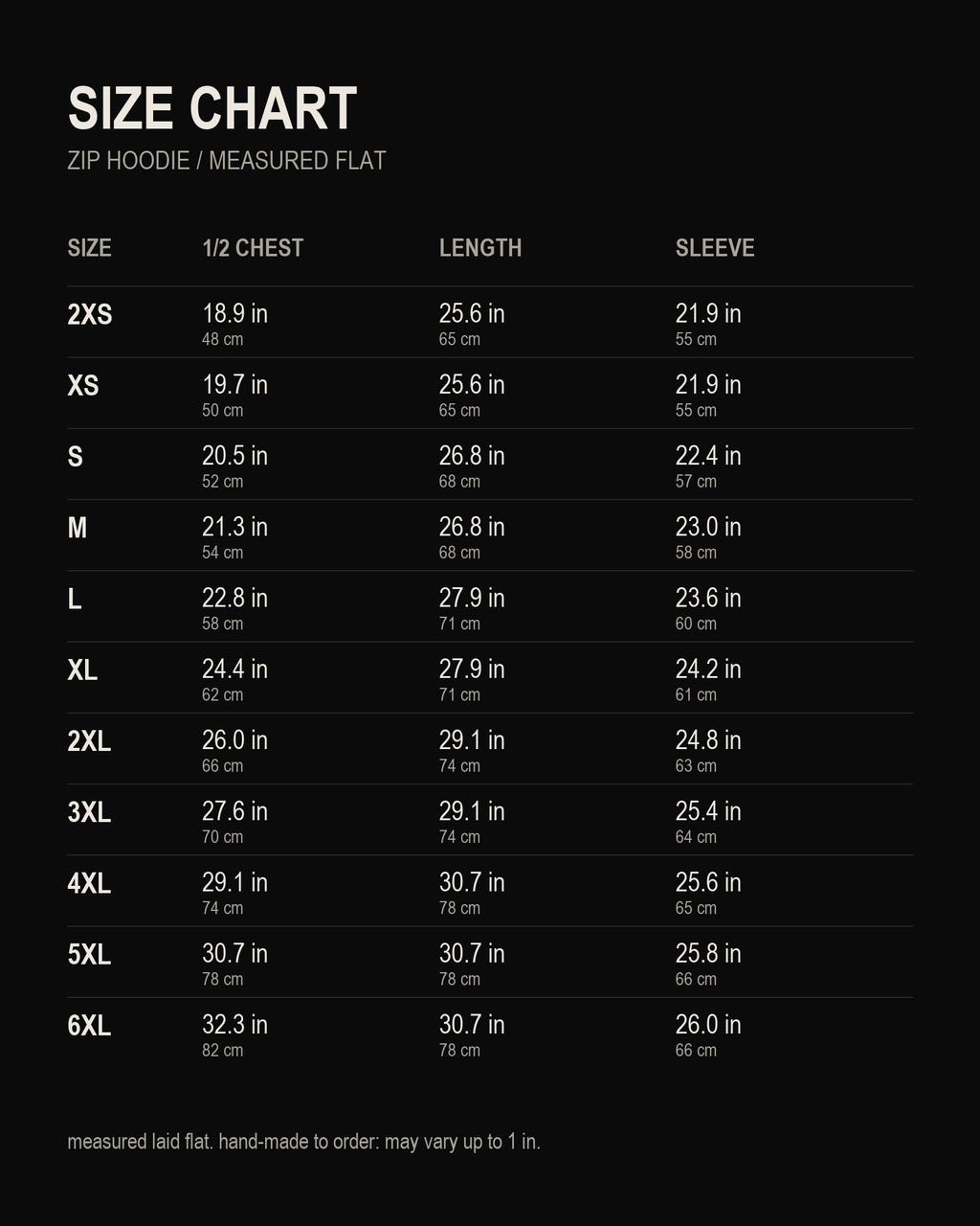 size chart, "DVDED" Zip Hoodie, inches and centimetres