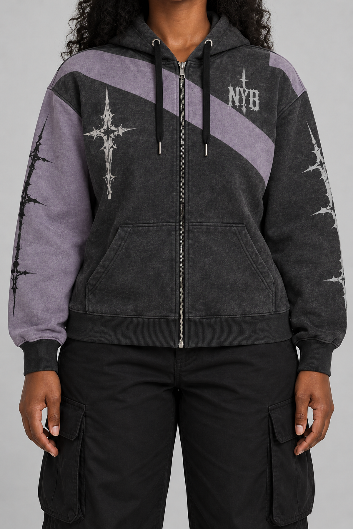 "Silent Order" charcoal and lavender zip hoodie, worn, front view