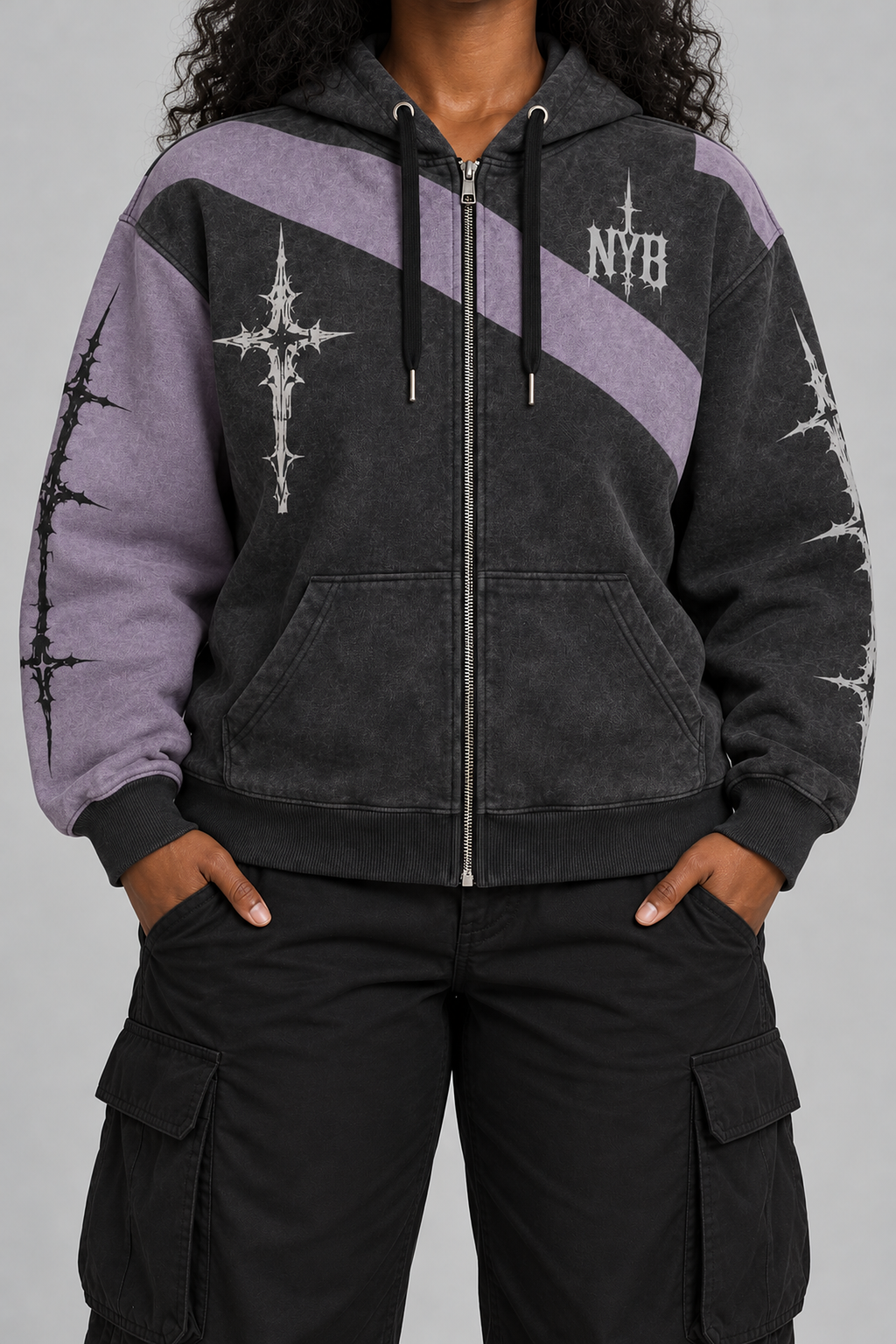 "Silent Order" charcoal and lavender zip hoodie, worn, front view, hands in pockets