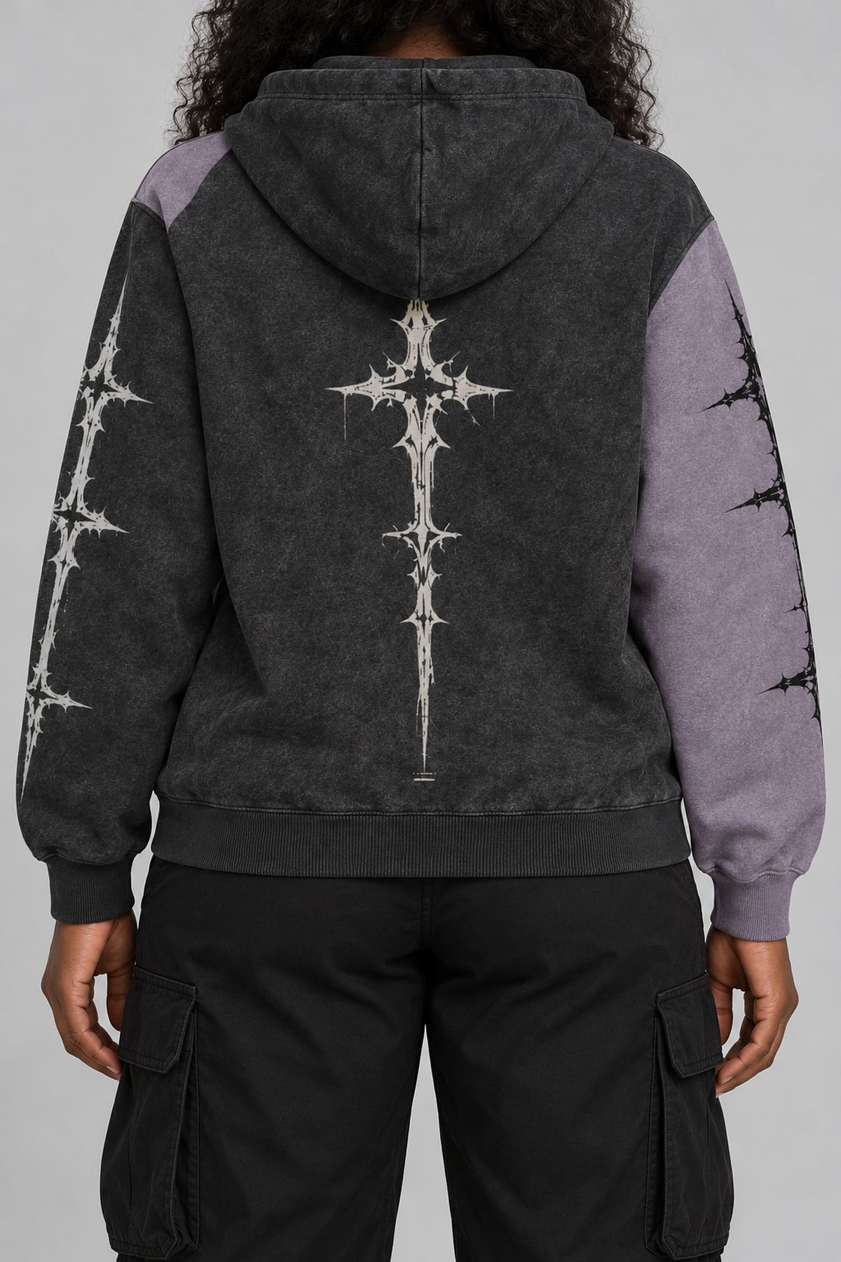 "Silent Order" charcoal and lavender zip hoodie, worn, back view