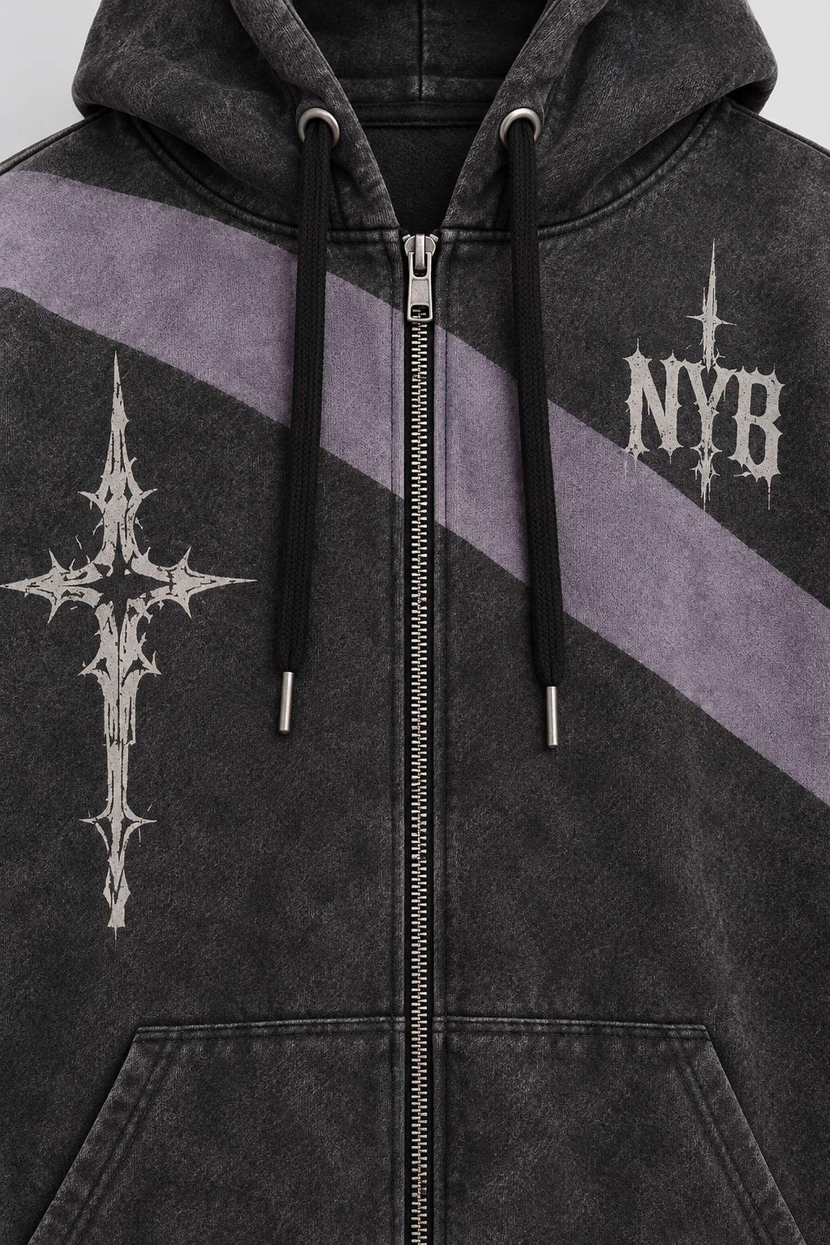 "Silent Order" charcoal and lavender zip hoodie, print detail close-up