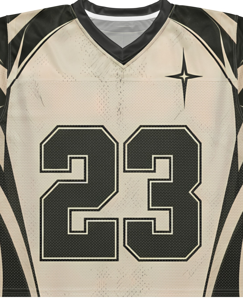 "ST VINCE" cream and black football jersey, print detail close-up