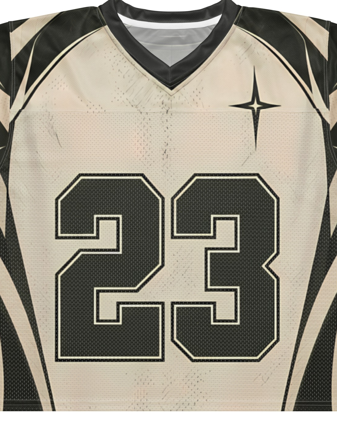 "ST VINCE" cream and black football jersey, print detail close-up