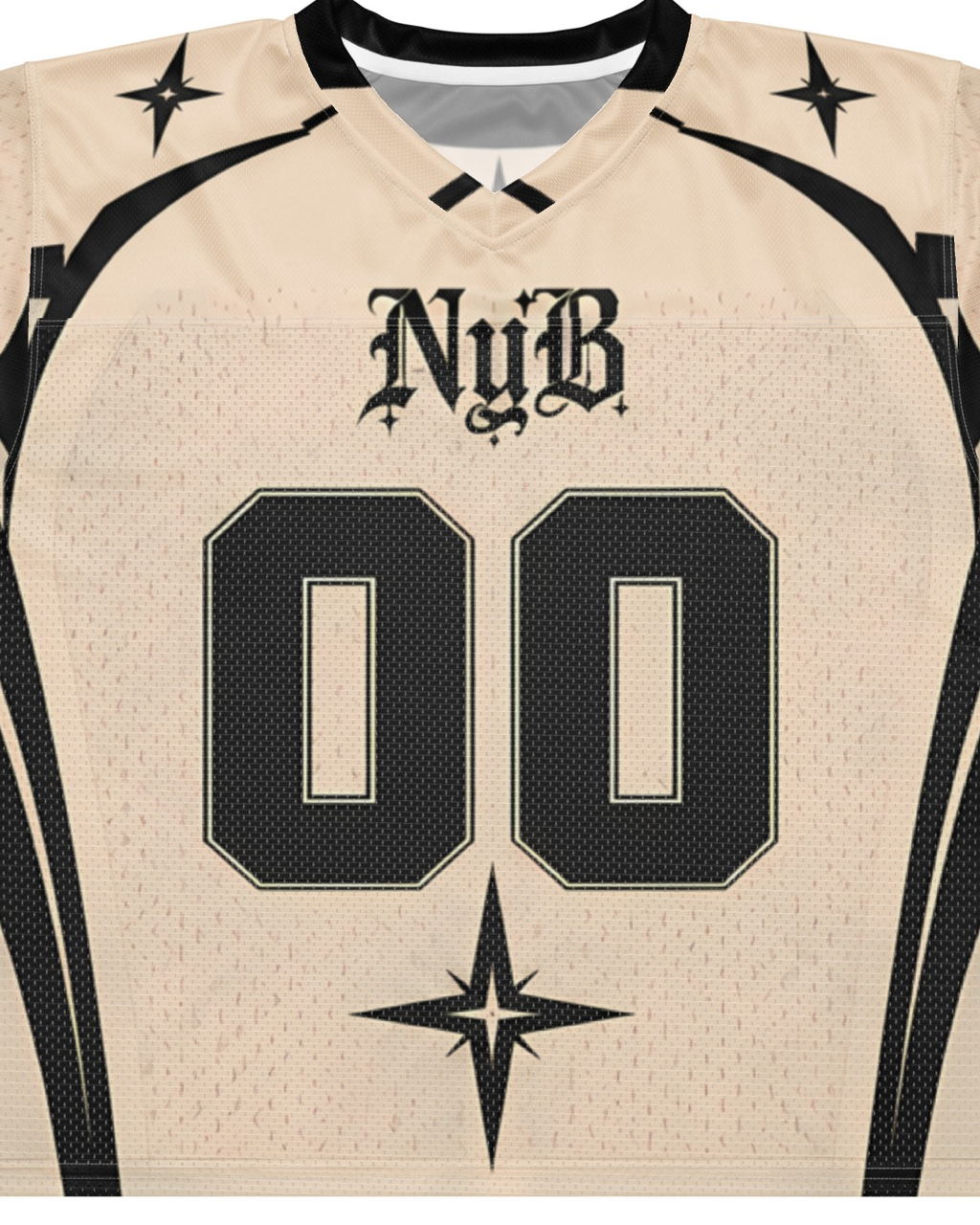 "NOUGHT" cream and black football jersey, print detail close-up