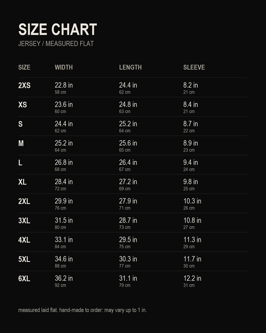 size chart, "DIRT NAP" Jersey, inches and centimetres
