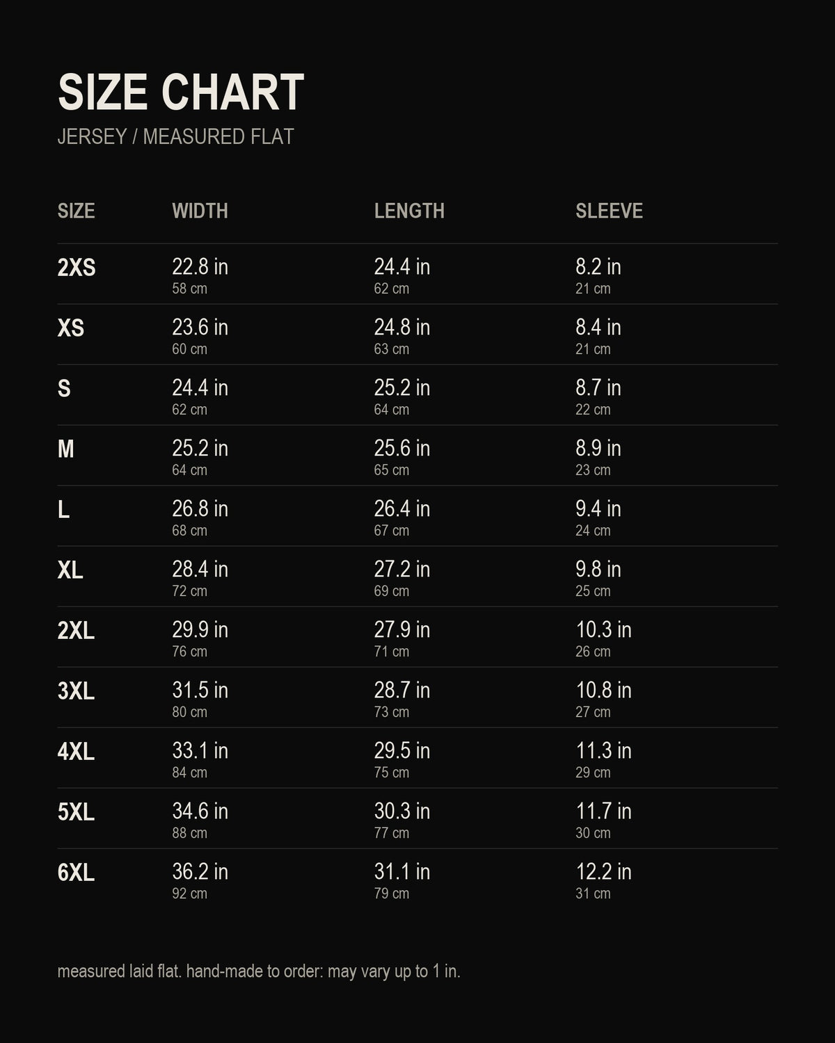 size chart, "NOUGHT" Jersey, inches and centimetres
